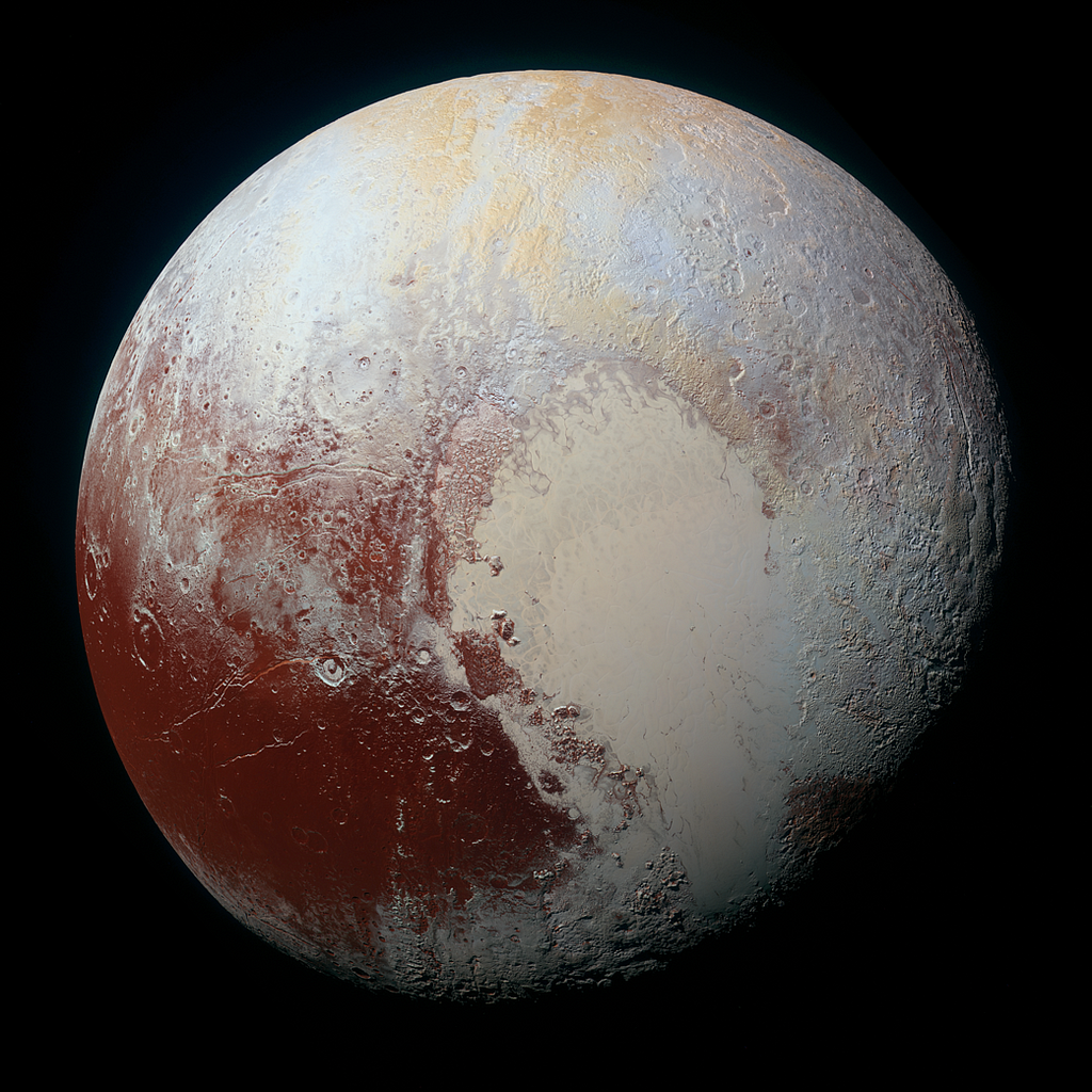 Color-enhanced global image mosaic of Pluto.