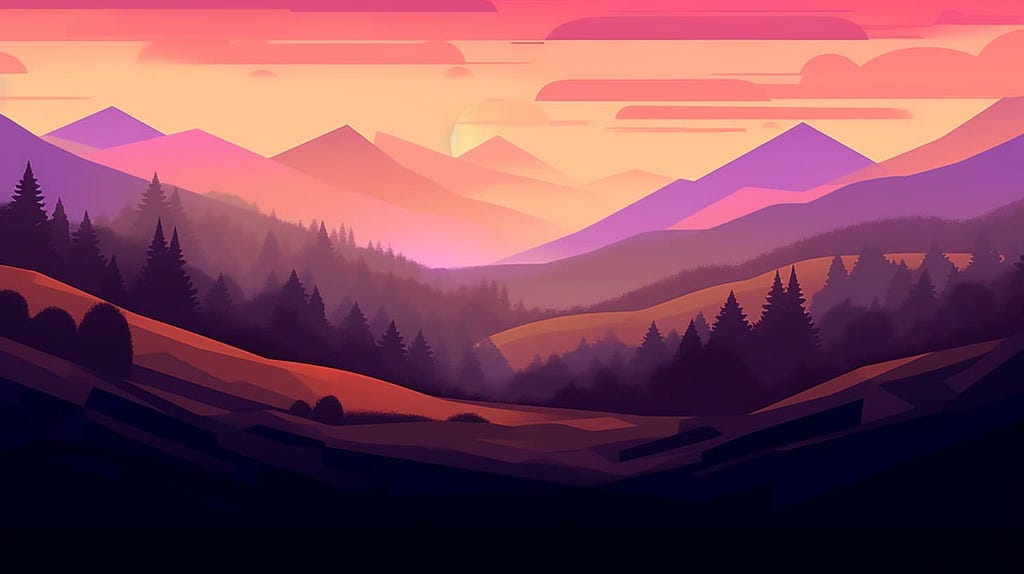 AI-generated stylized painting of a mountain range at sunset.