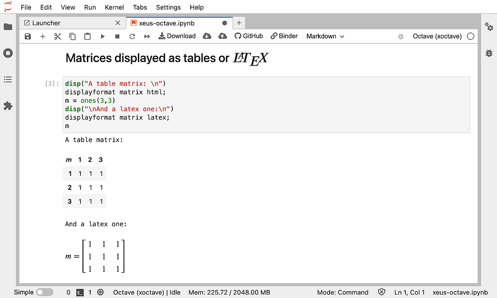 Screenshot of GNU Octave in action in Jupyter with the rich rendering of matrices