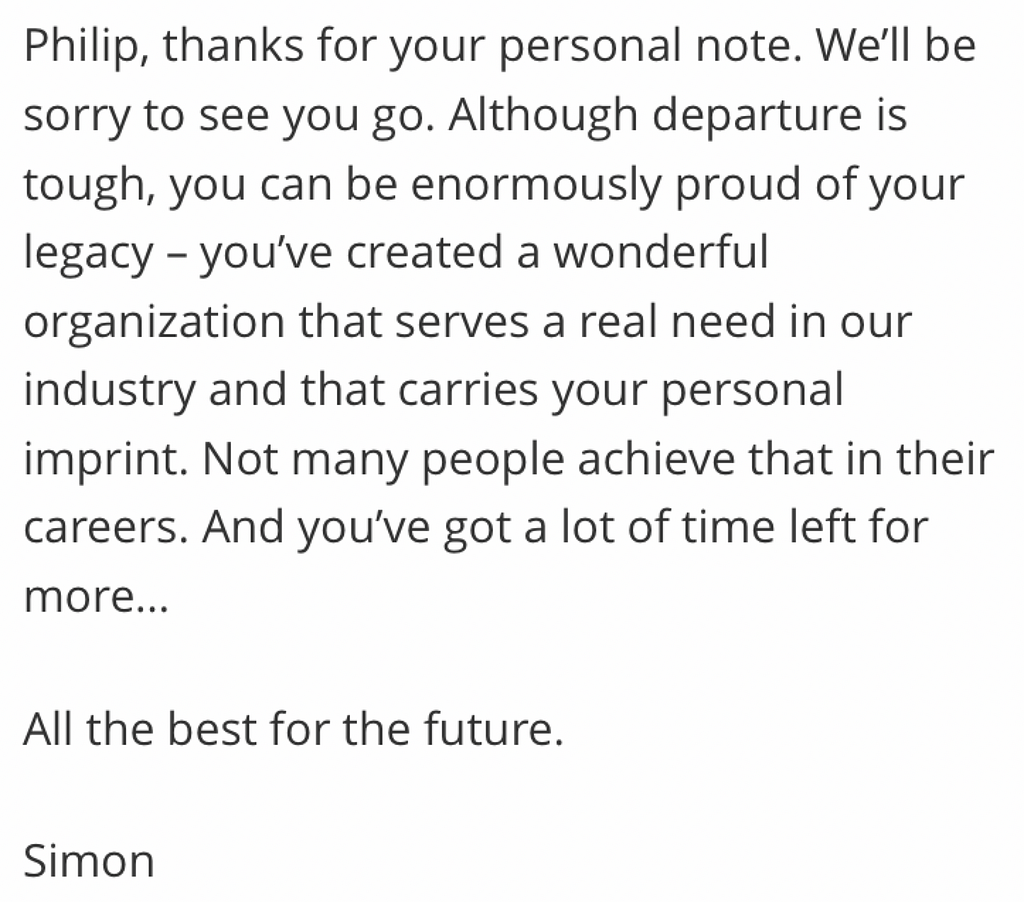 Email from Simon saying I had done an amazing job and created a legacy.