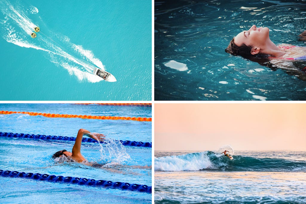 4 photos in a panel: an aerial view of a boat towing people riding innertubes, a woman relaxing while floating in the water, a person swimming front crawl in between lane ropes, a man surfing a half crested wave.