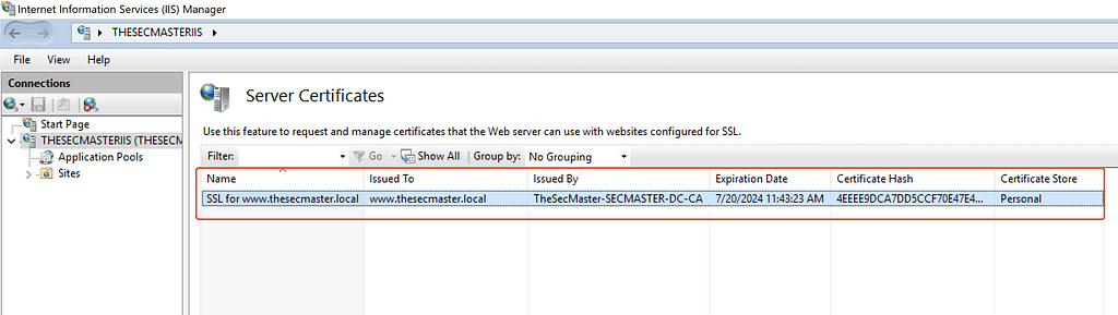An image of list of installed certificates in IIS console