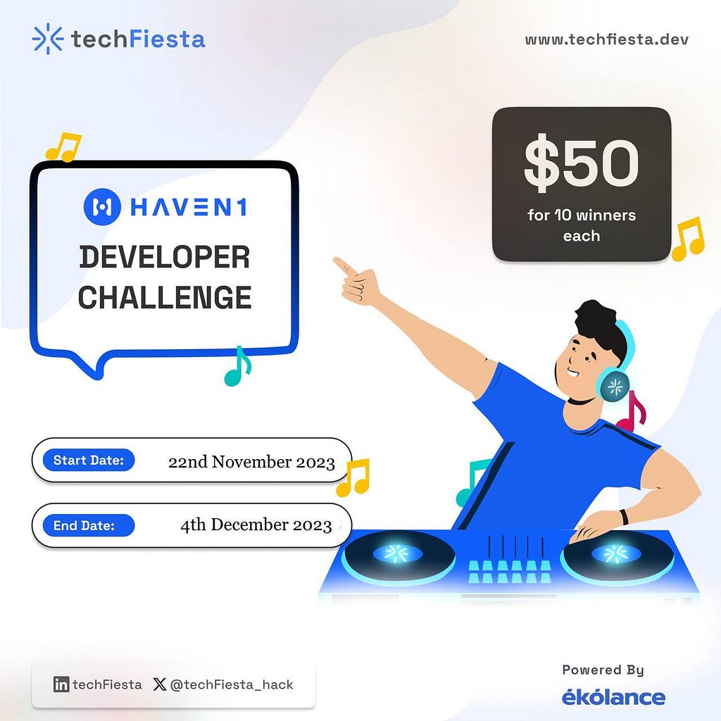A visual showing Haven1 Developer Challenge details on techFiesta