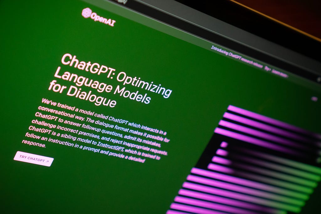 A description of ChatGPT from OpenAI’s website. It reads, “ChatGPT: Optimizing Language Models for Dialogue.”