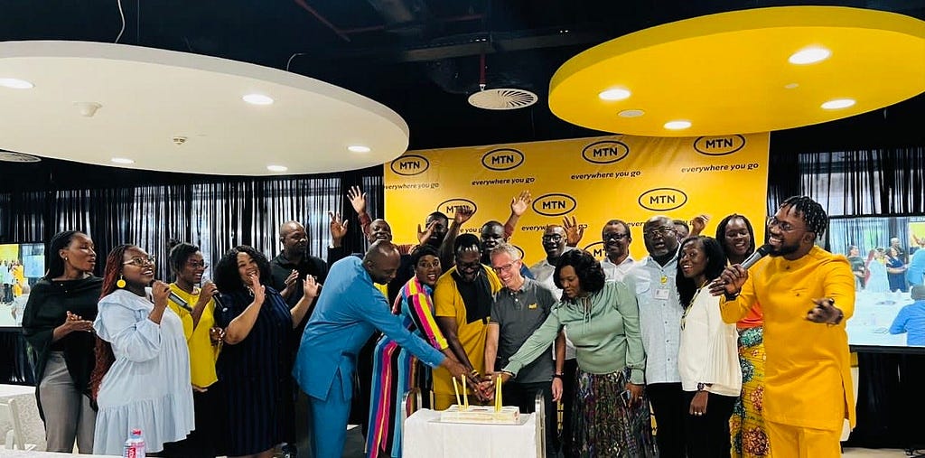 Emmanuel Agbeko Gamor senior manager, Digital Channels, Digital Division leading MTN and MoMo Executives and General managers as well as myMTN App NextGen team to launch our localized version of our flagship myMTN App circa November 2023, MTN House, Independence Avenue, Accra Ghana