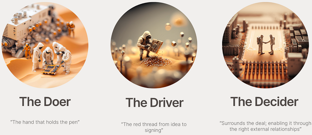 Midjourney generated image of three key user personas defined by Motherbrain UX researchers — the “doer”, the “driver”, and the “decider”.
