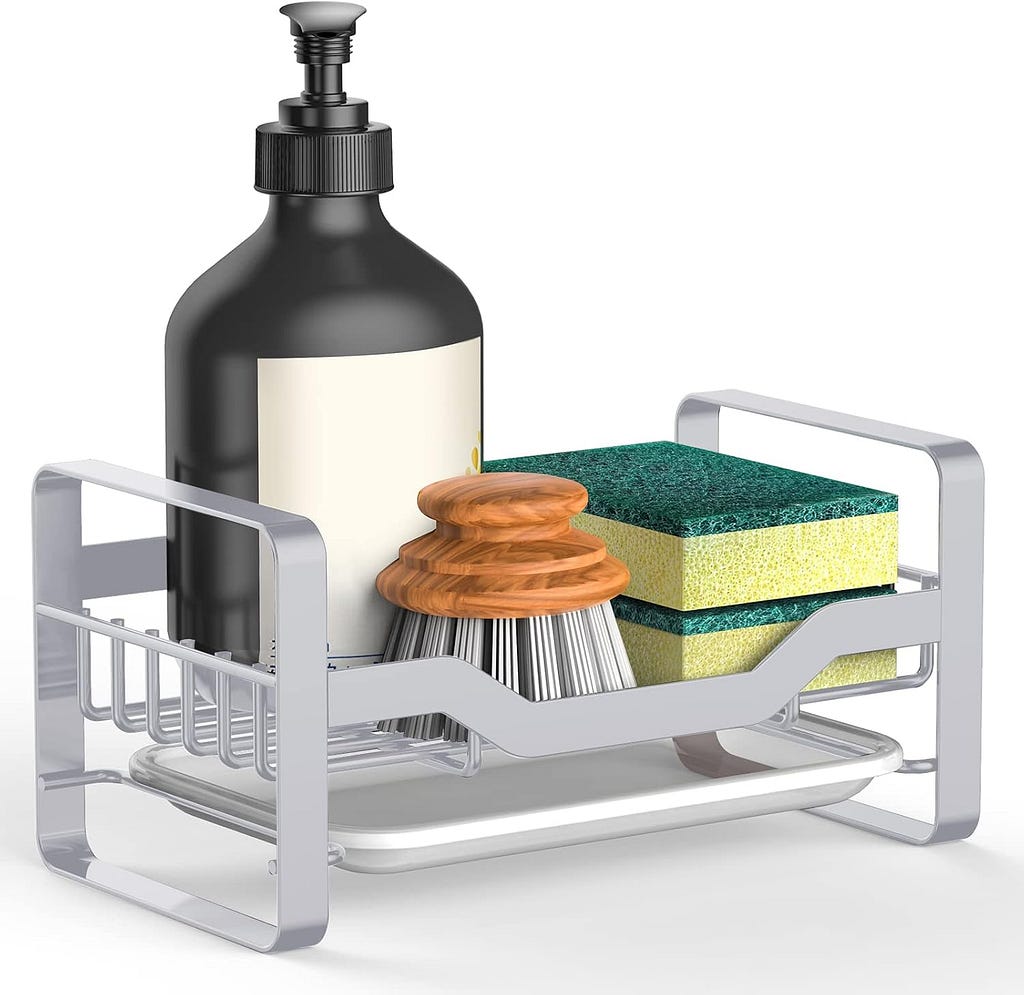 Kitchen Sink Caddy Sponge Holder,Organizer for Soap Brush Dispenser,Countertop Sink Caddy Organizer with Removable Drain Tray