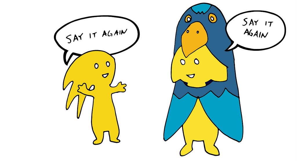 Illustration of a manager practicing the parroting technique. The manager asks an employee to "Say it again," which the employee repeats.