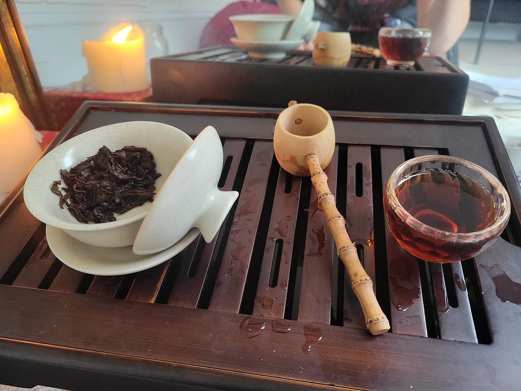 tea tray, gaiwan, cup of tea, candle