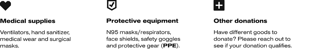 A list of qualifying items accepted in the Mothership Freight Support Program, like medical supplies and PPE.