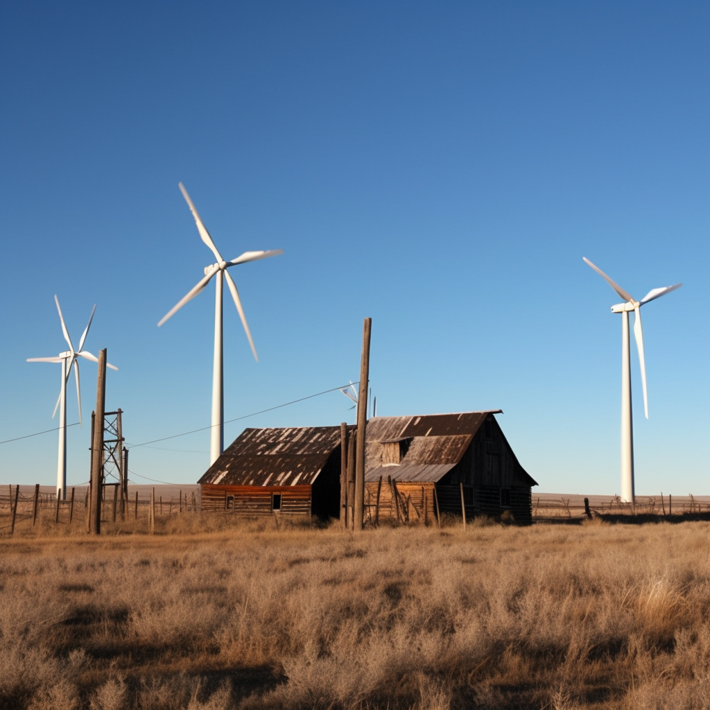 Windmills around an abandoned barn.