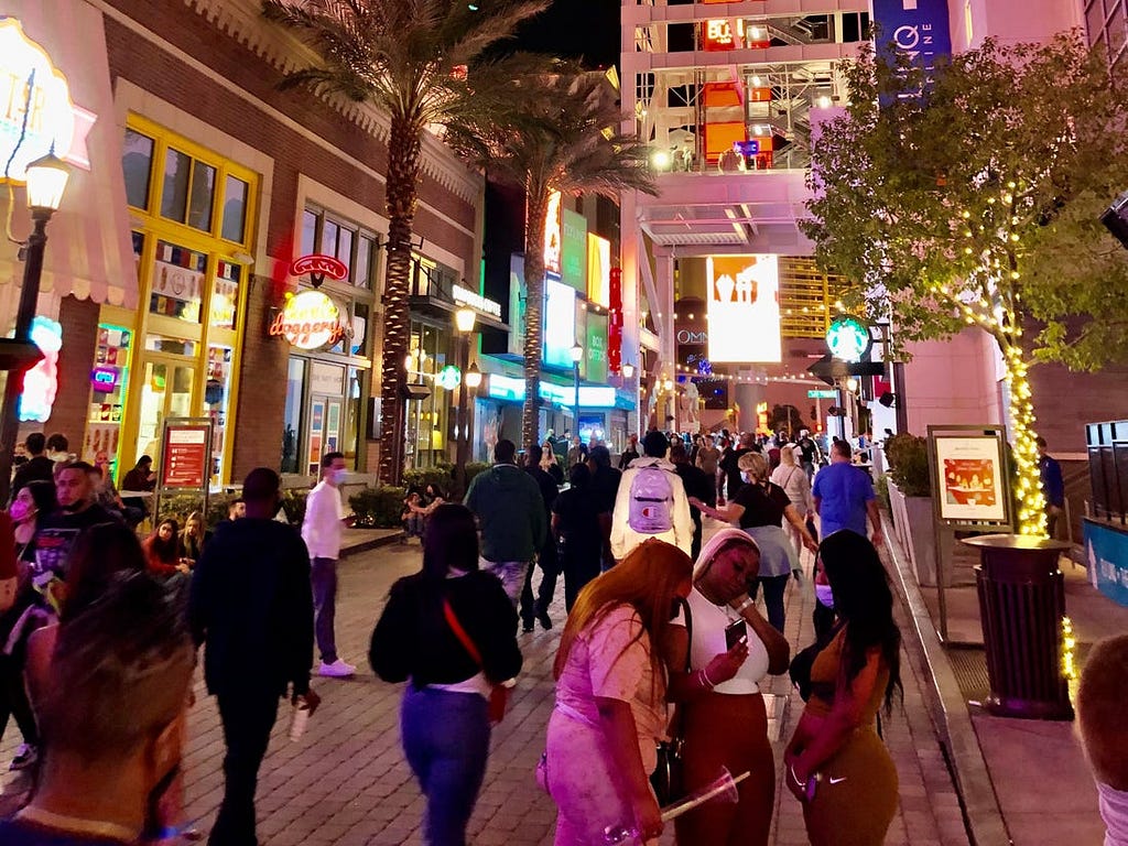 The Flamingo had plenty of people outside of it, though most had masks on.