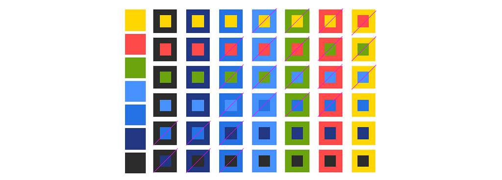 A grid of layered color blocks with slashes through low contrast pairings.