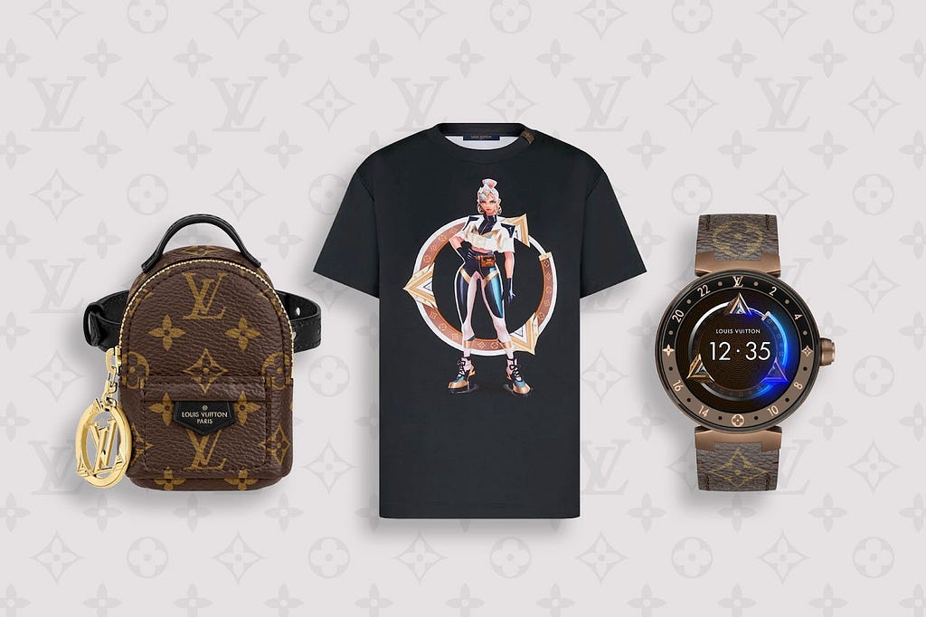 Appareal from Louis Vuitton x Riot Games League of Legends collection. In order, a small backpack full of LV logos, a black t-shirt with LoL’s character Qyiana and a digital wrist watch