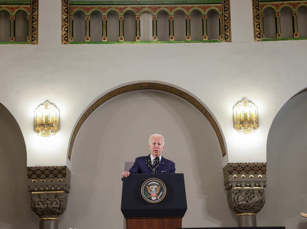 U.S. President Joe Biden delivers remarks regarding the East Jerusalem Hospital Network at Augusta Victoria Hospital in Jerusalem, July 15, 2022. Photo by Evelyn Hockstein/Reuters