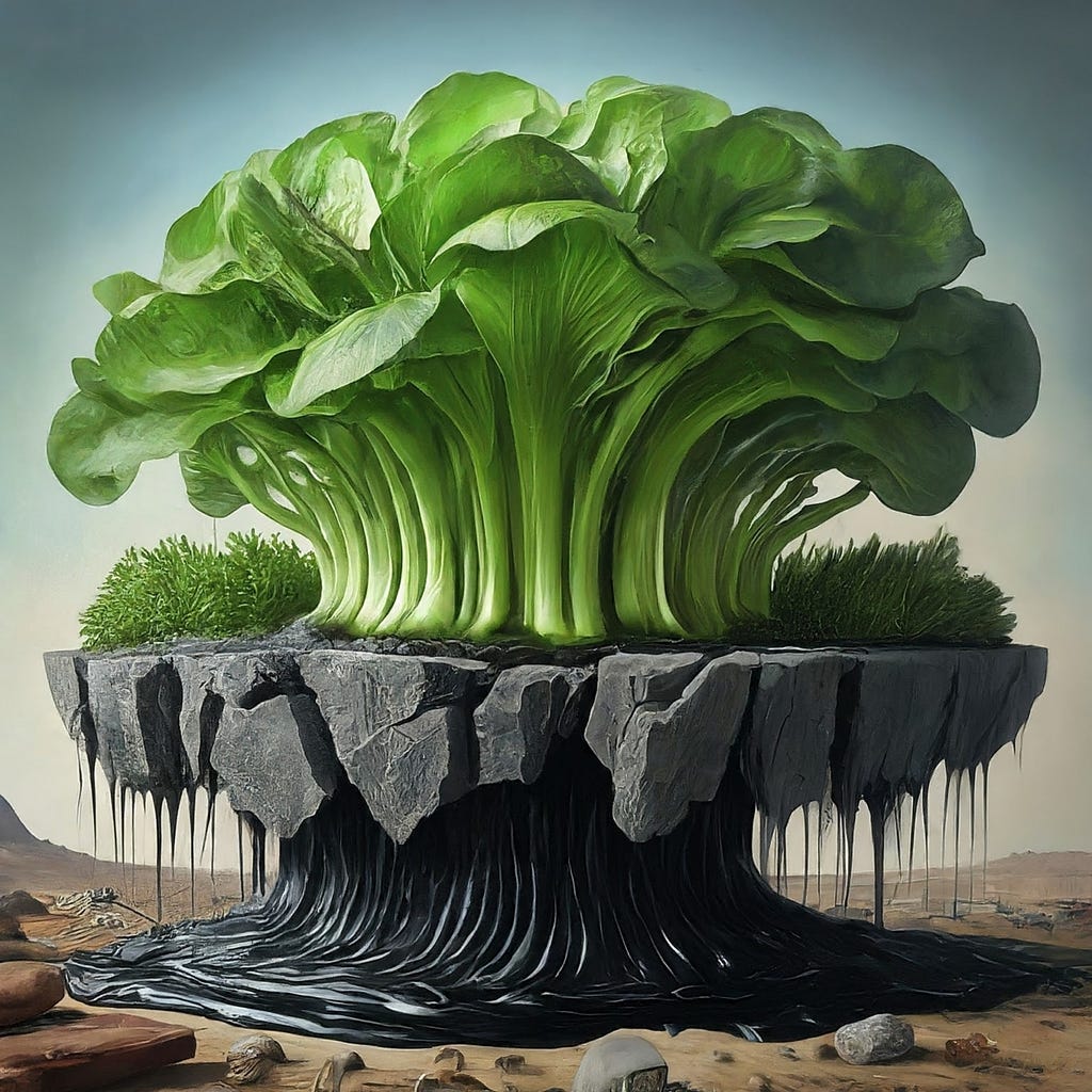 A vibrant green lettuce plant growing on a dark, rocky formation, its roots extending into the barren ground below, visually representing the stark contrast between natural foods and the detrimental effects of ultra-processed foods on health and environment.