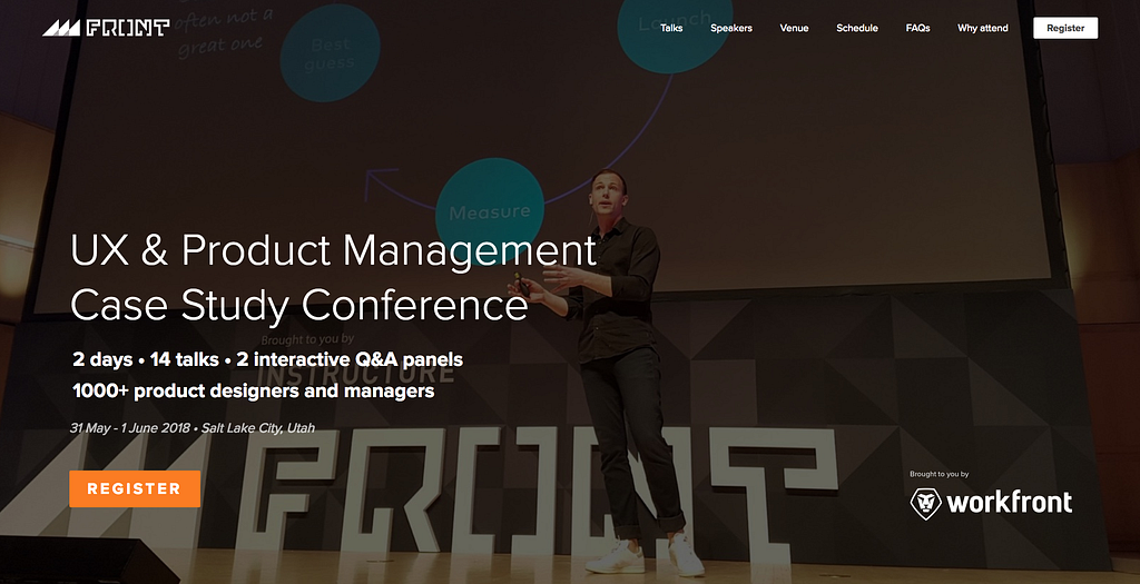 Ux and Product management case study conference listed on top of a photo background