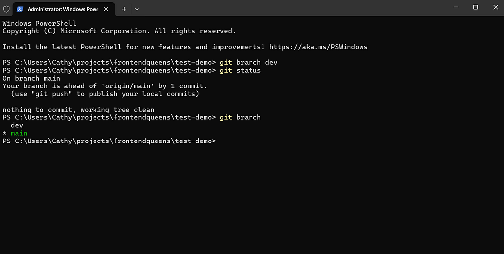 Terminal Window with git branch dev, git status. On branch main is returned, then git branch is typed and there is a list of branches dev and main returned