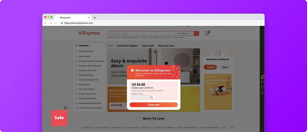 AliExpress website with a pop-up overlaying the screen