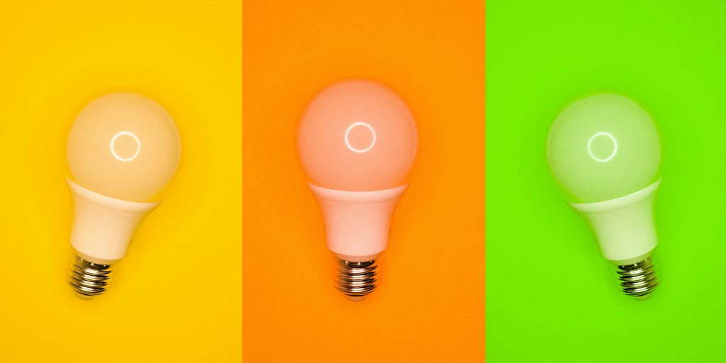 3 lightbulbs side by side, set against a yellow, orange and green background