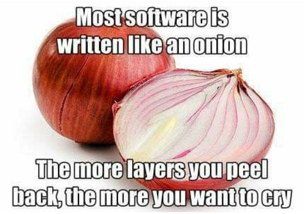 Picture of onions. Caption: Most software is written like an onion. The more layers you peel pack, the more you want to cry.
