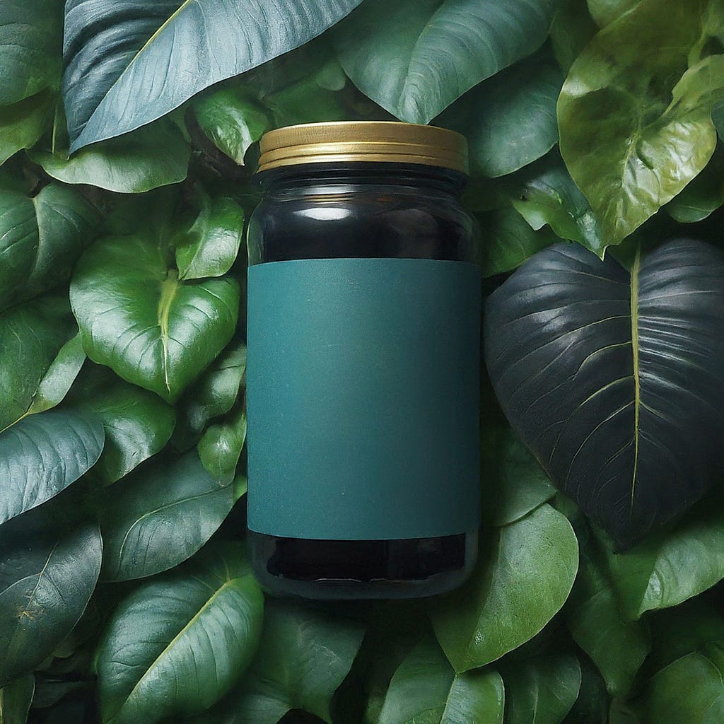 A dark glass jar with a green label, positioned against a lush backdrop of vibrant green leaves, symbolizing natural and sustainable end-use products.