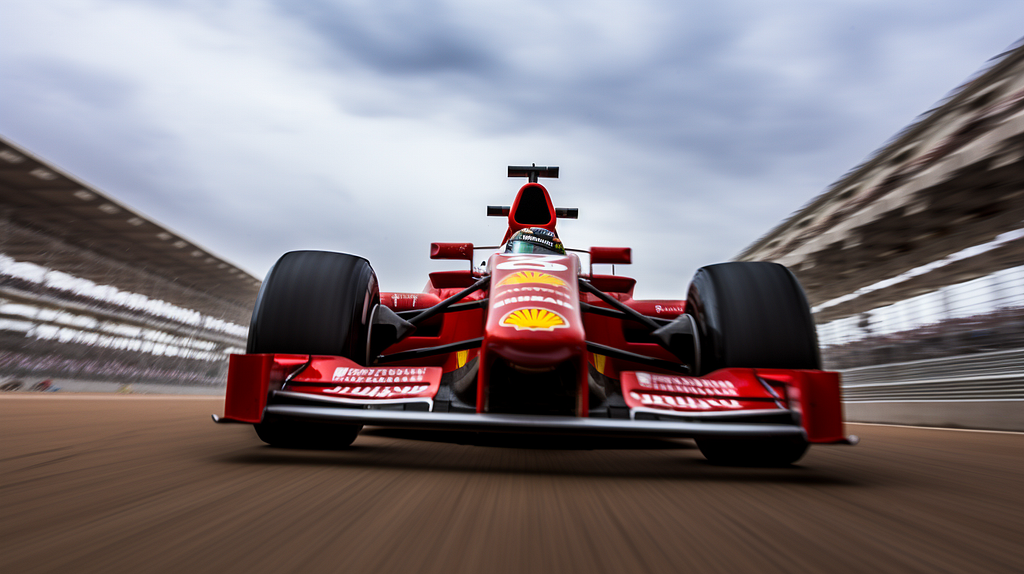 Formula One racing car speeding through the Moroccan Grand Prix track, clicked using a GoPro Hero11 camera with a graduated neutral filter, f/8 aperture, 1/4000 shutter speed, ISO 100, short exposure (generated by Midjourney)