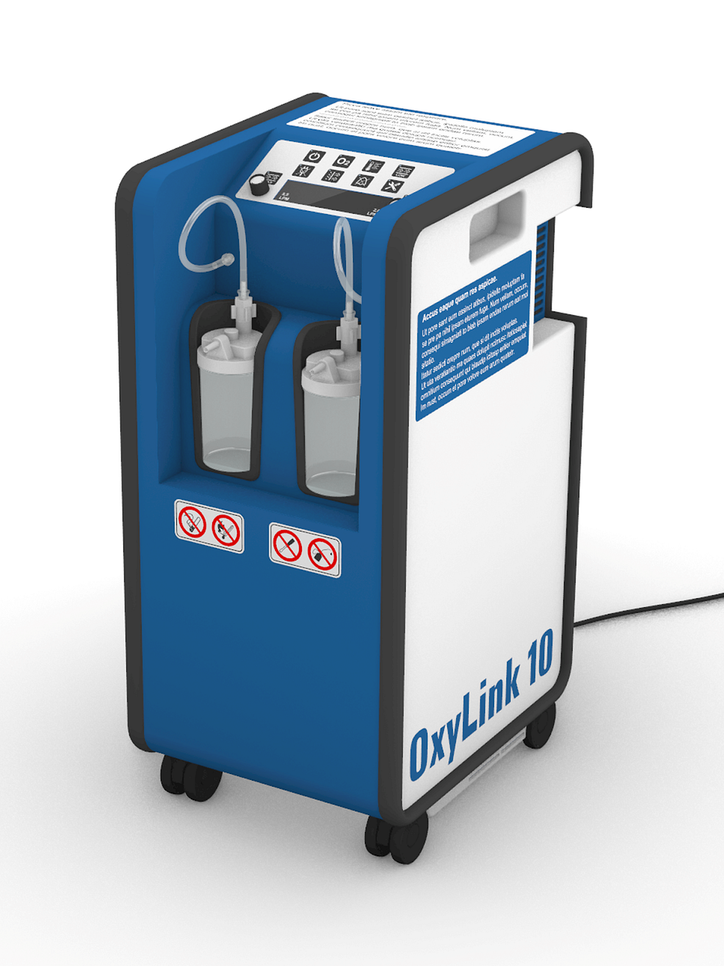 A digital render of an OxyLink 10 oxygen concentrator.