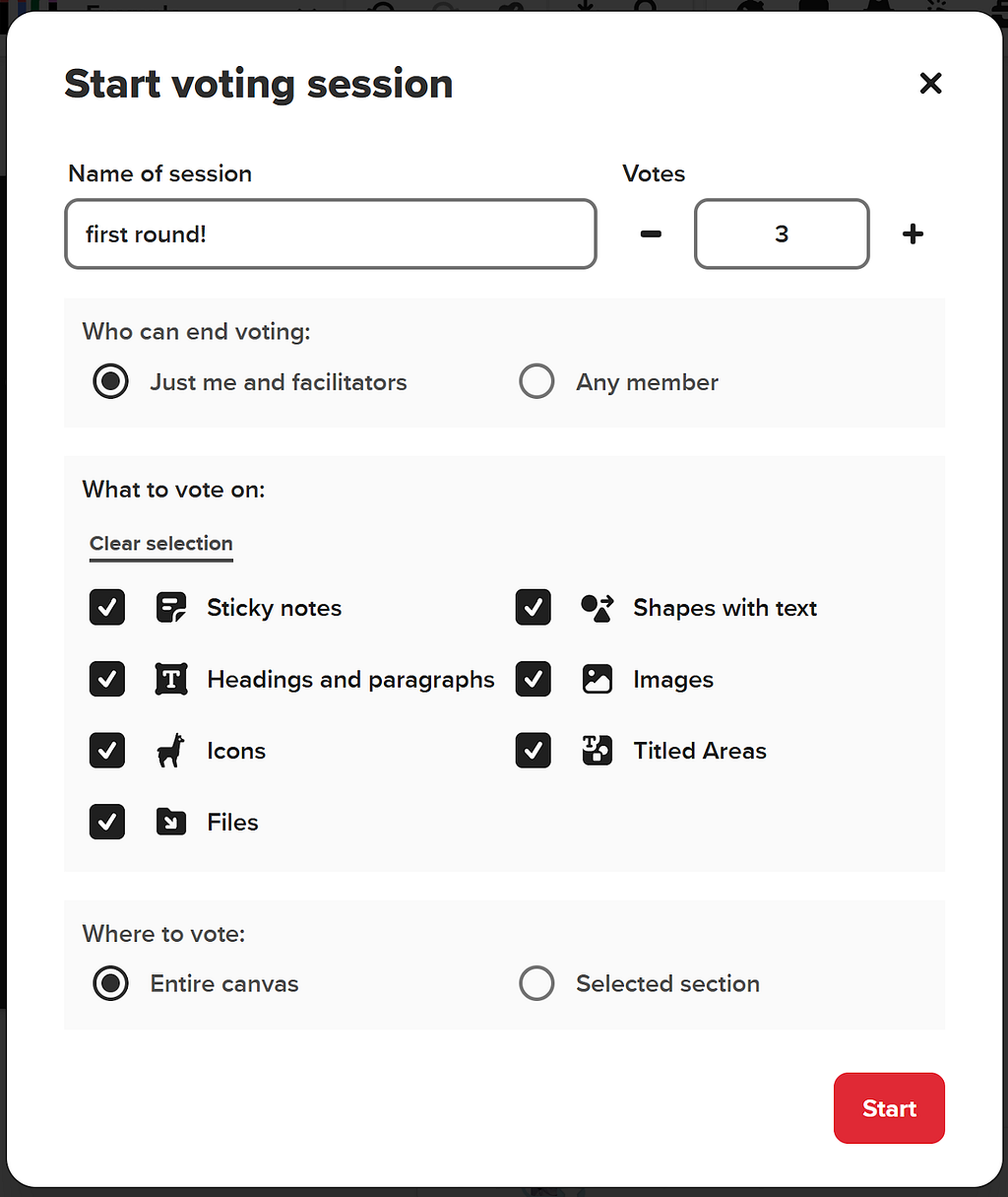 Example parameters for a voting session on a Mural board