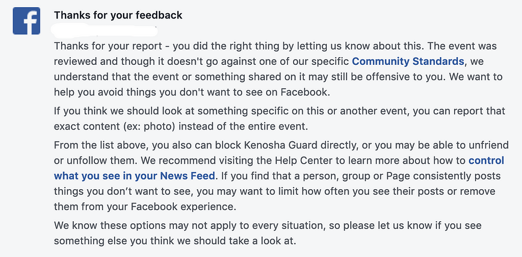 Facebook moderator’s response to a report about a violent post on the Kenosha Guard facebook page