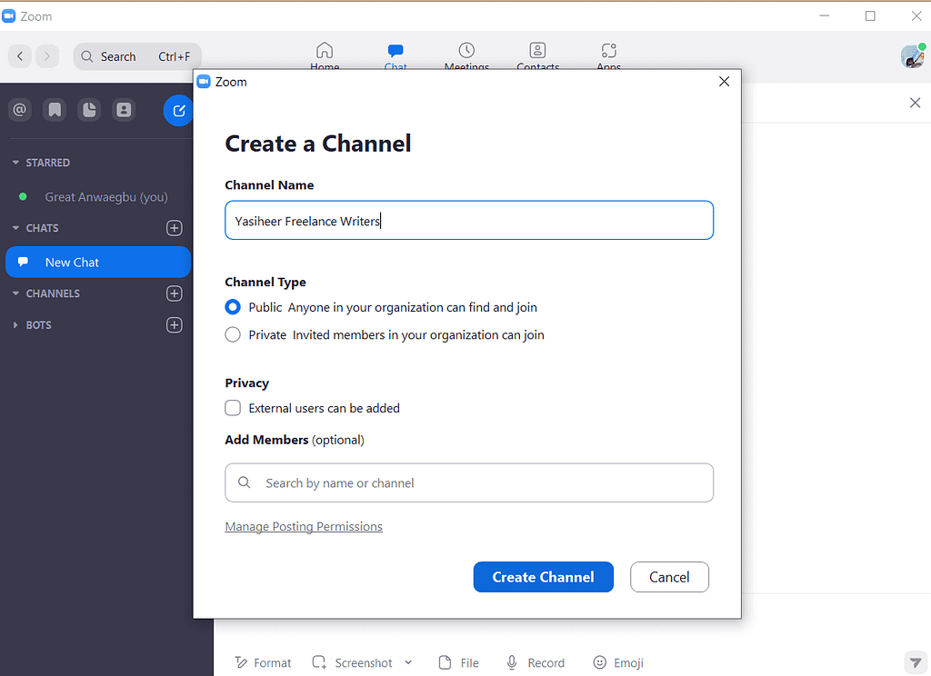 Create a channel in Zoom