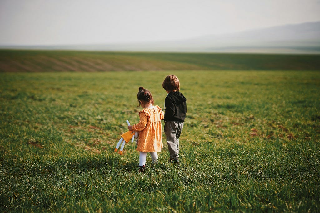 An image shows two small children walking in a green field hand-in-hand. The smaller child wears an orange dress and carries and orange doll. The taller one wears a blue hoodie and brown pants. They have their backs to us.
