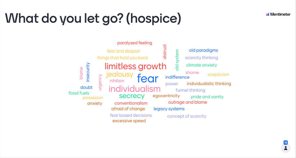 White slide with multicoloured word cloud. Title text reads “What do you let go? (hospice). The biggest words are “fear, limitless growth, individualism, secrecy, jealousy.”