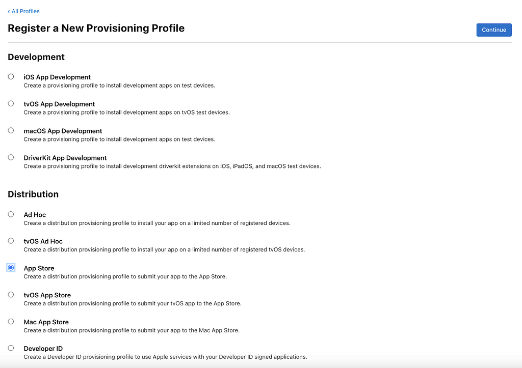 A view of the Apple Developer Portal Register a New Provisioning Profile page