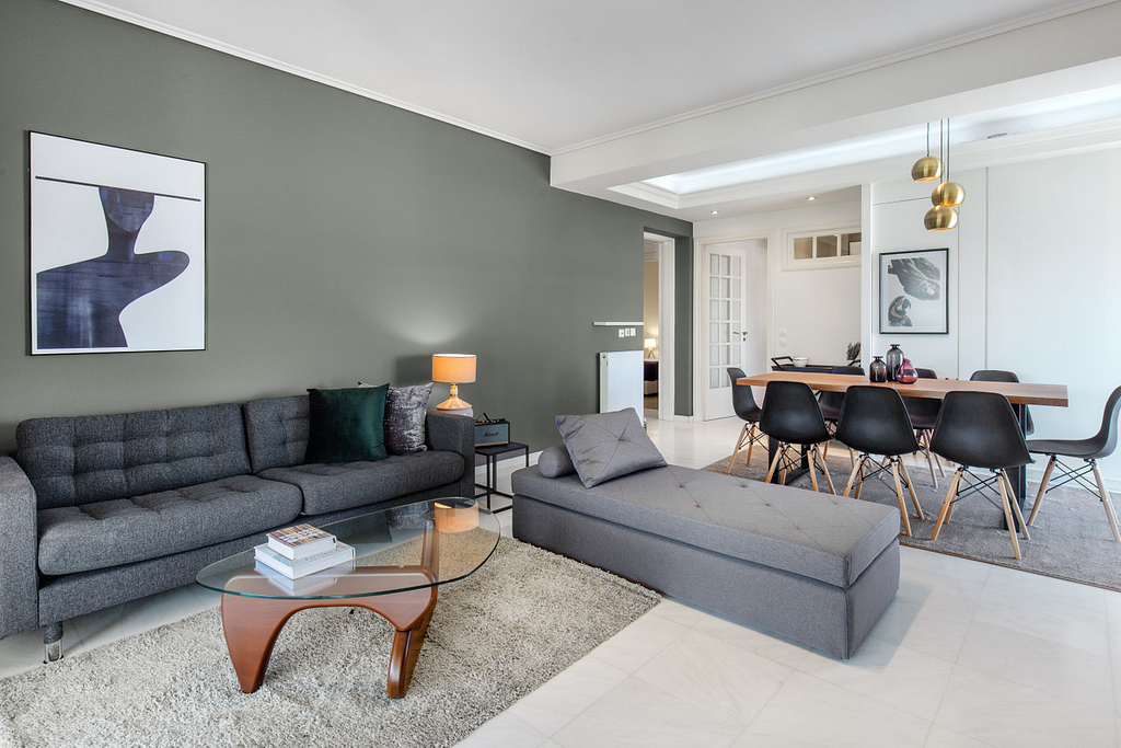 A Blueground open living room and dining room in Marousi, Athens