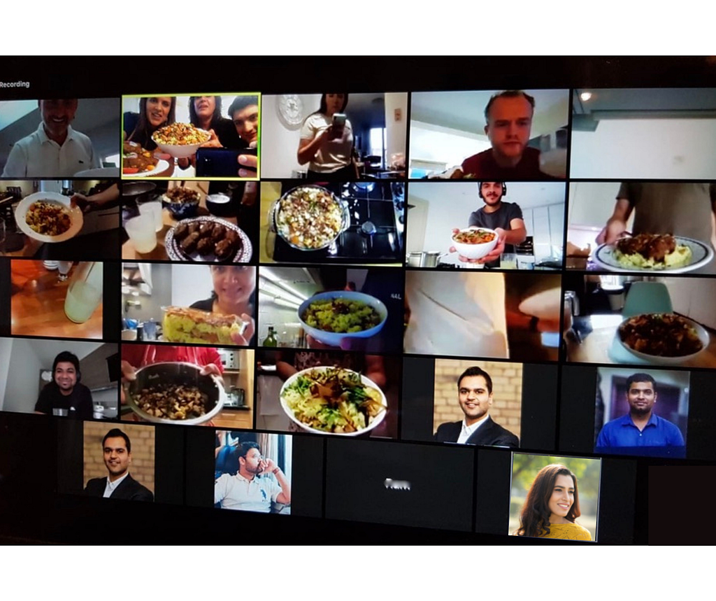 large group of people cooking together on zoom