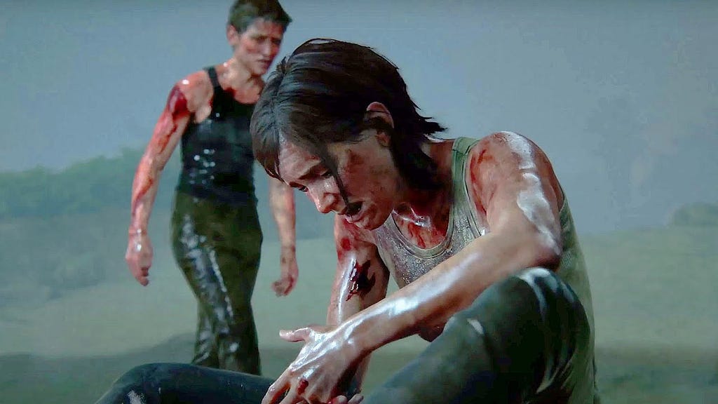 Abby stands behind Ellie on the beach during their final fight. Both have short hair and are covered in blood.