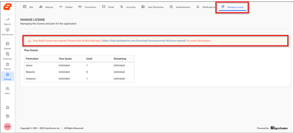 Manage license in Report Server settings page