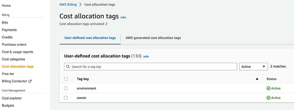 Enable cost allocation tags in billing console