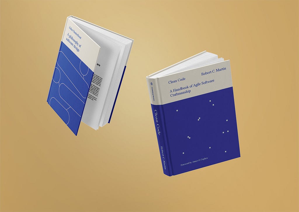 Two books floating in the air on a yellow background. ‘Clean Code’ and ‘A Philosophy of Software Design’ were published by CodeBug Books.