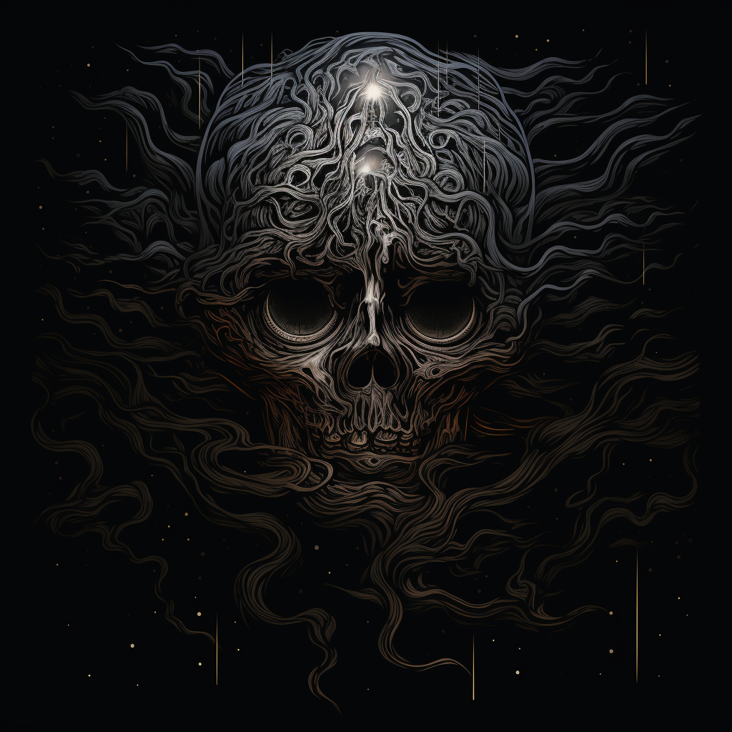 A skull with intricate, wavy line patterns emanating from it against a starry night sky background.