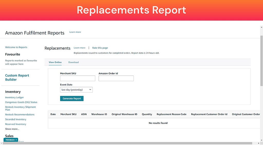 Screenshot of FBA Replacement Reports