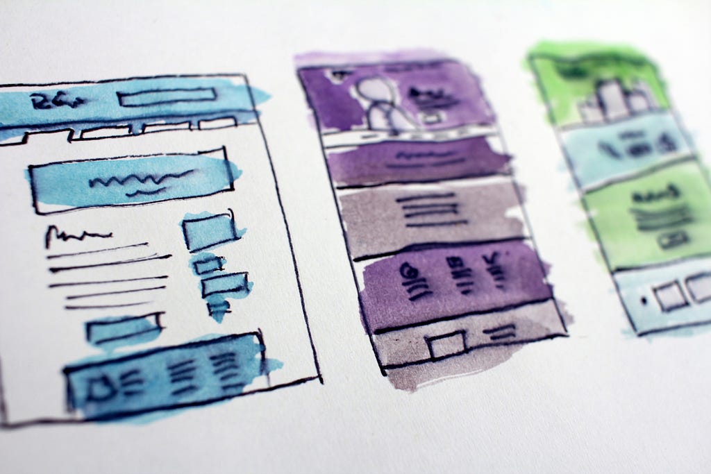 A collection of sketches drafted for a mobile application in blue, purple and green