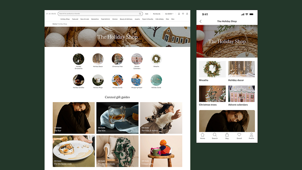 Faire’s online Holiday Shop web experience, showing seasonal items by category such as Holiday Ornaments, Wreaths, and more.