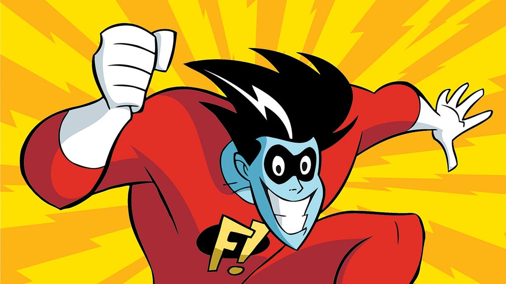 Freakazoid em seu traje de herói na cor vermelha com a letra F no peito.