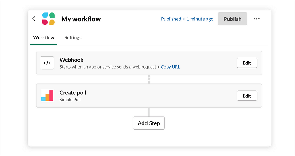 Workflow created using Workflow Builder that includes a “Create poll” step from the Simple Poll app.