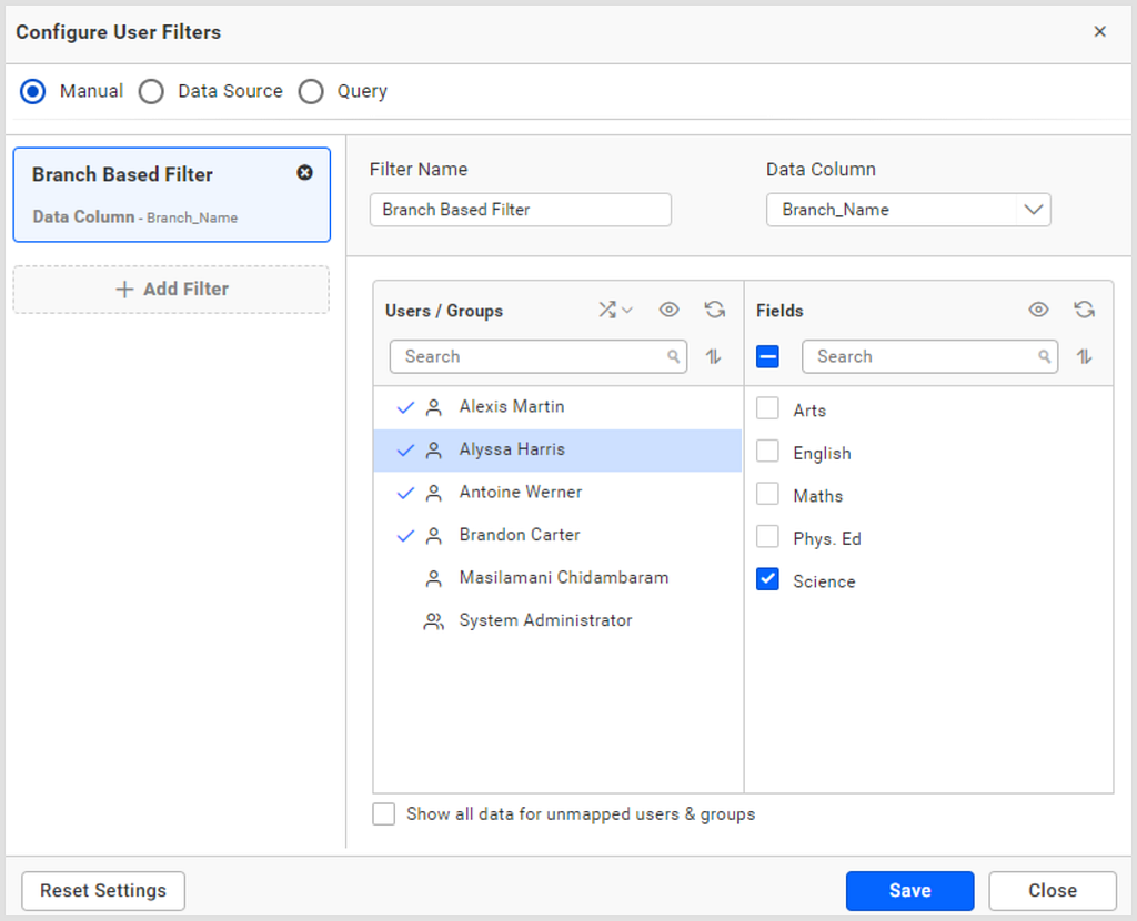Configuring User Filter in Manual Mode