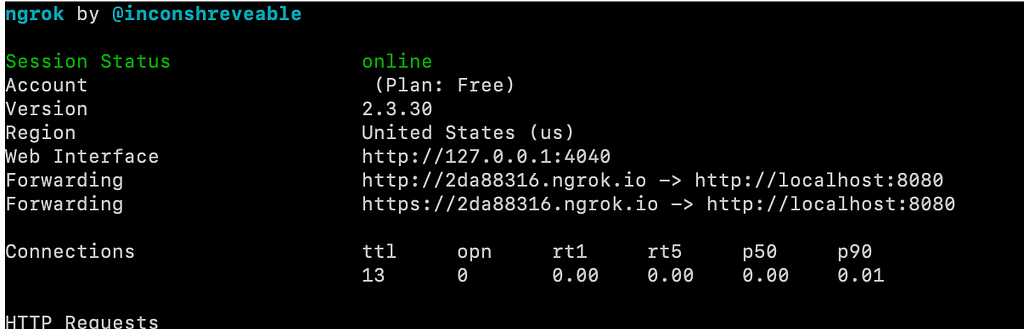 ngrok console UI, specifically showing the forwarding URL.