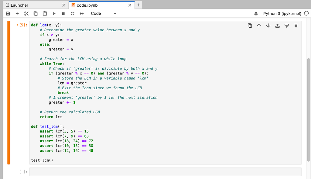 Partial screenshot of JupyterLab with source code that has been rewritten with comments