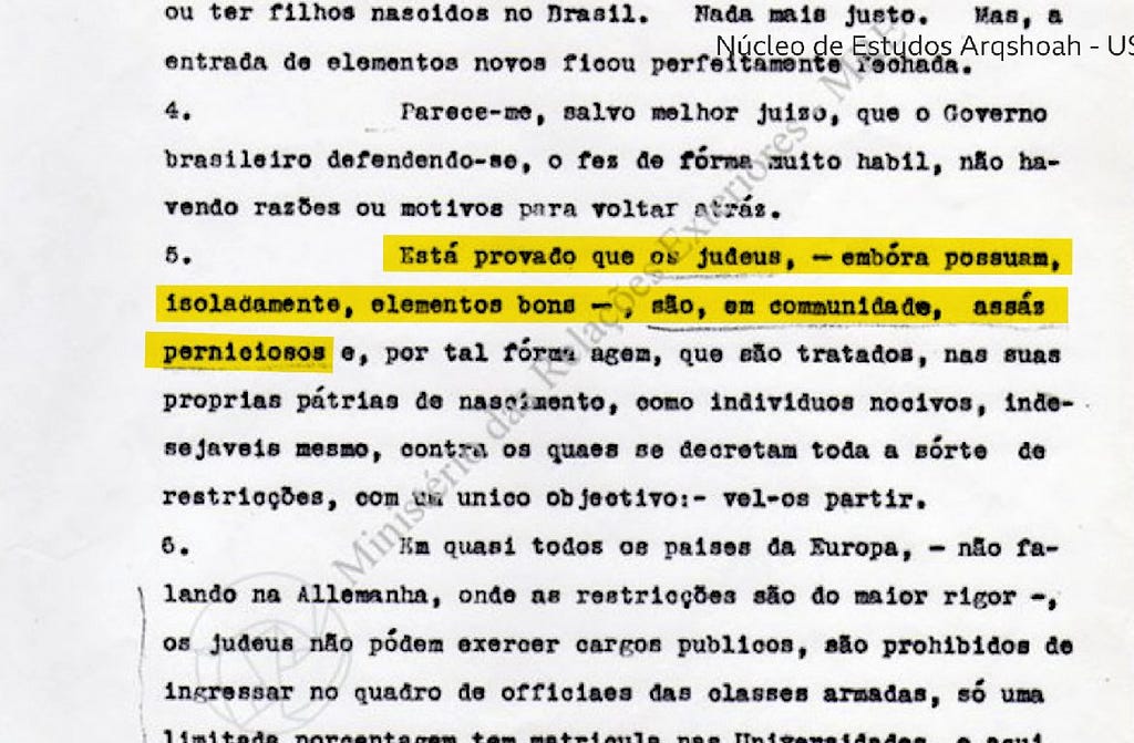 Texto que diz “Está provado que os judeus, — embora possuam, isoladamente, os elementos bons –, são, em comunidade, assaz perniciosos”